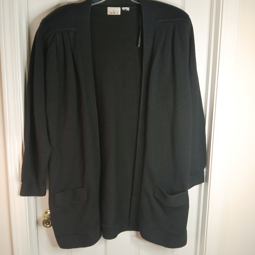 Vintage Fitting Image Black Open Front Knit Cardigan Sweater SZ XXL